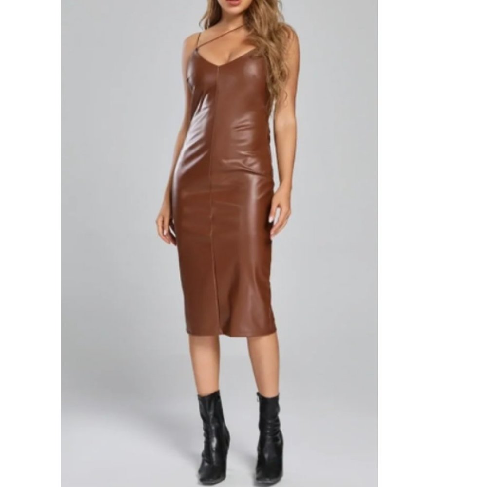NWT Brown 100% PU Leather Strappy V-Neck KimKay Koffee Midi Dress
